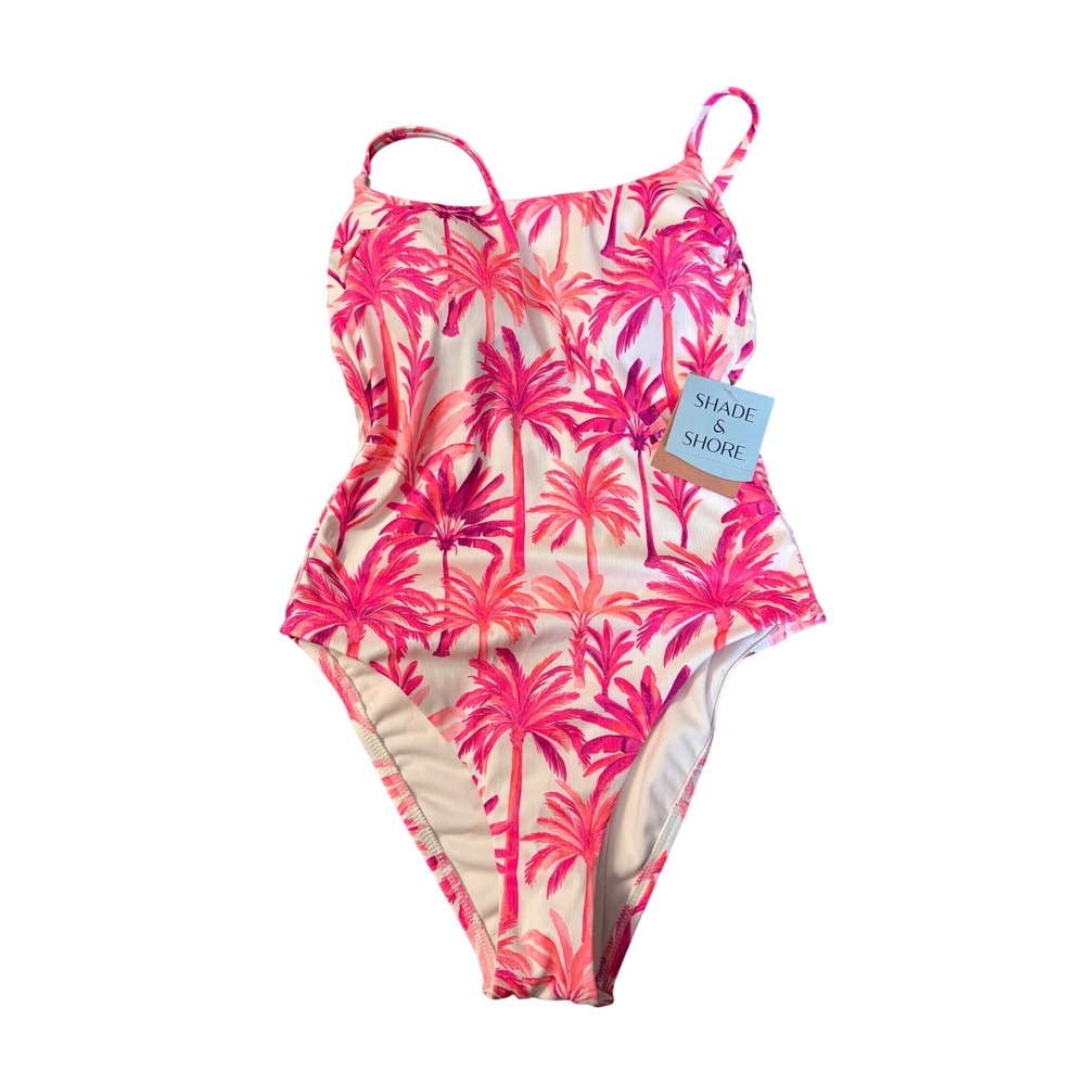 Shade & Shore Pink Palm Tree Ribbed One Piece Swimsuit High Leg Cheeky Medium